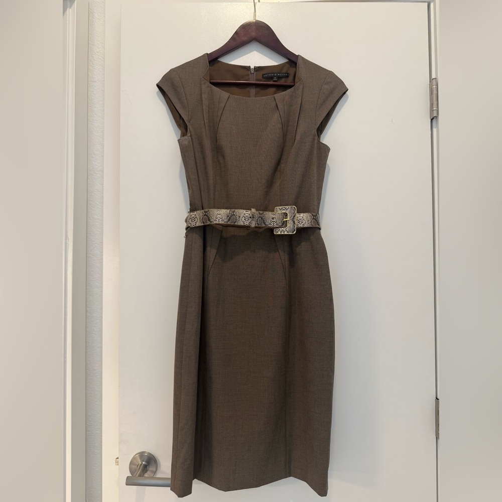 ANTONIO MELANI Taupe Midi Dress with Patterned Belt